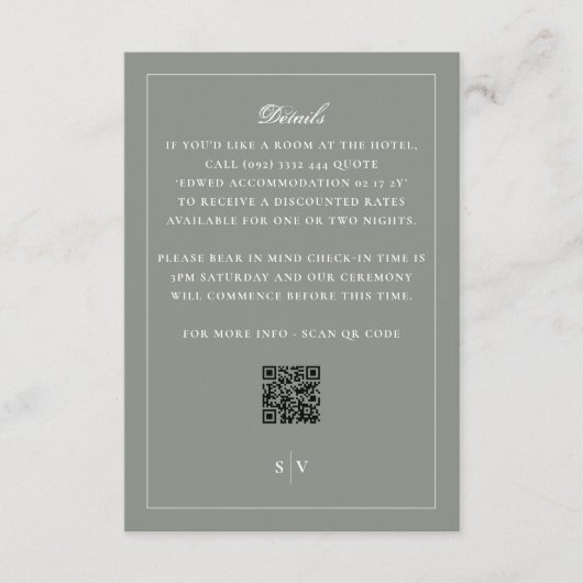 Carte D'accompagnement Sage Green Monogramme QR CODE Mariage élégant (Devant)