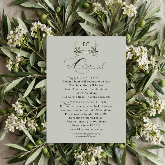 Carte D'accompagnement Sage Green Olive Branch Monogram Wedding Details 