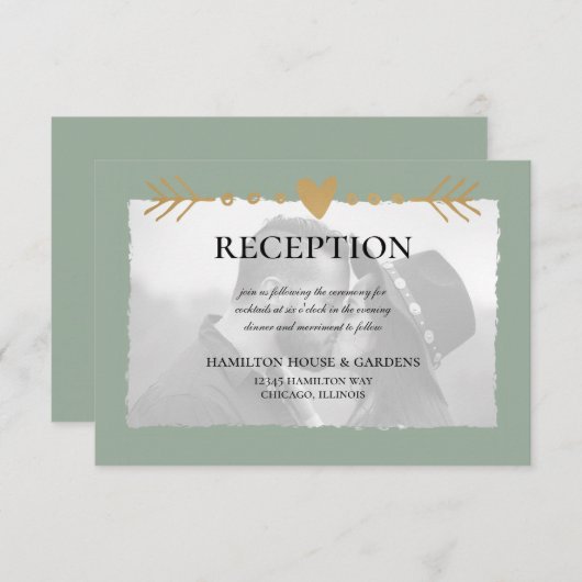 Carte D'accompagnement Sage Green Photo moderne Gold Hearts Réception (Devant / Derrière)