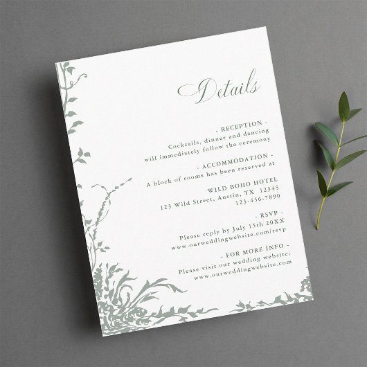 Carte D'accompagnement Sage Green Romantic Floral Garden Wedding Details
