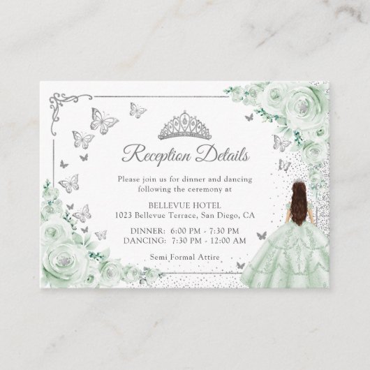 Carte D'accompagnement Sage Green Silver Quincenarea Reception Details (Devant)