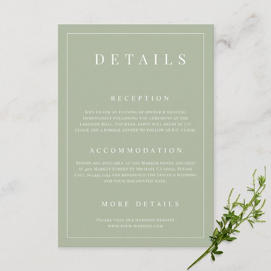 Carte D'accompagnement Sage Green Simple Détails du Mariage officiel