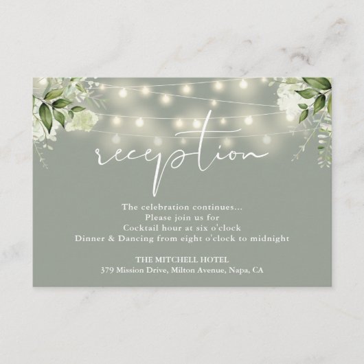 Carte D'accompagnement Sage Green String Lights Floral Mariage Réception (Devant)