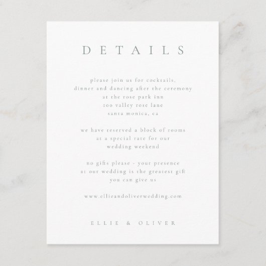 Carte D'accompagnement Sage Green & White Boho Détails Mariage Moderne (Devant)