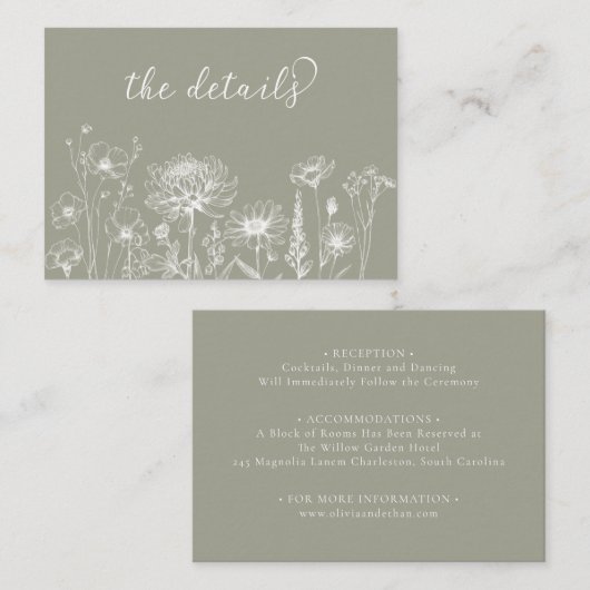 Carte D'accompagnement Sage Green Wildflower Details Card Wedding Insert (Devant / Derrière)