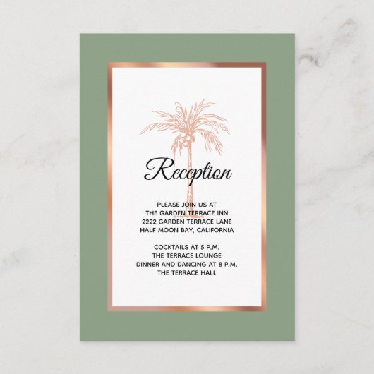 Carte D'accompagnement Sage Rose Gold Copper Palm Tree Réception de maria (Devant)