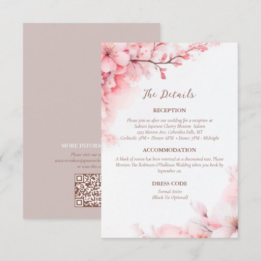 Carte D'accompagnement Sakura Japanese Cherry Blossom Détails du Mariage (Devant / Derrière)