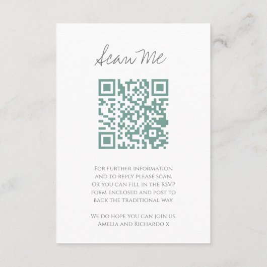 Carte D'accompagnement Scan me QR code mariage site Web monogramme vert (Dos)
