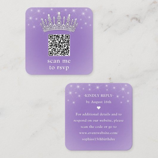 Carte D'accompagnement Scan Me QR RSVP Quinceañera Crown Lilac Purple (Devant / Derrière)