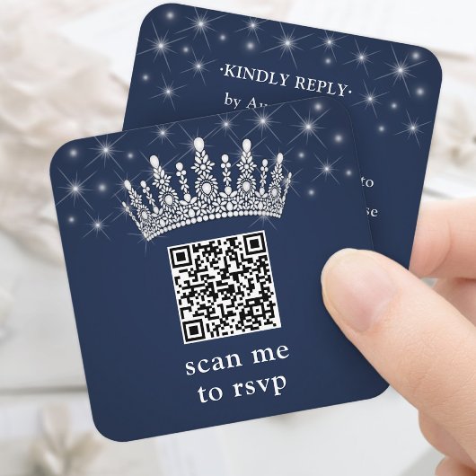 Carte D'accompagnement Scan Me RSVP QR Code Quinceañera Crown Navy Blue