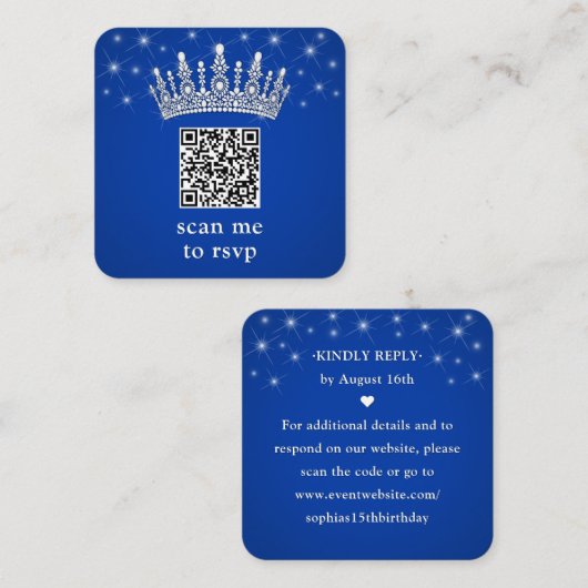 Carte D'accompagnement Scan Me RSVP QR Code Quinceañera Crown Royal Blue (Devant / Derrière)