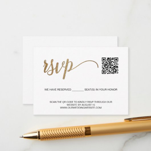 Carte D'accompagnement SCAN QR code Simple Gold RSVP avec sièges réservés (Devant/Arrière en situation)