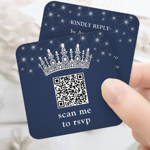 Carte D'accompagnement Scannez-moi Code QR RSVP Couronne Quinceañera Bleu