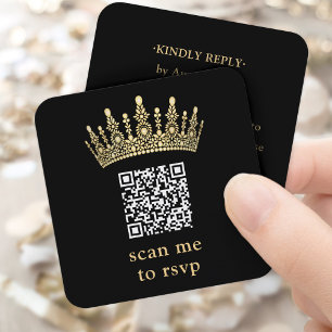 Carte D'accompagnement Scannez-moi QR RSVP Couronne de Quinceañera noire 