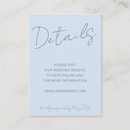 Carte D'accompagnement Script Bleu Clair Détails du site Web de Mariage Q (Devant)