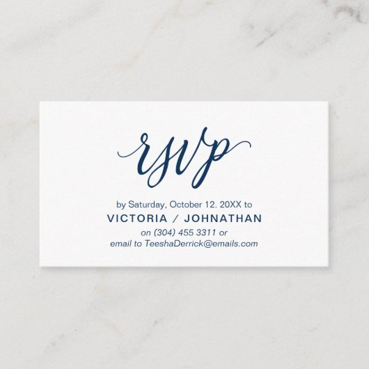 Carte D'accompagnement Script bleu marine esthétique, mariage RSVP répond (Devant)