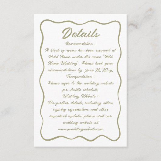 Carte D'accompagnement Script de cadre ondulé blanc clair vert olive (Devant)