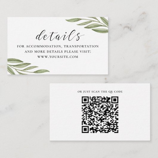 Carte D'accompagnement Script de feuillage vert détails du mariage + code (Devant / Derrière)