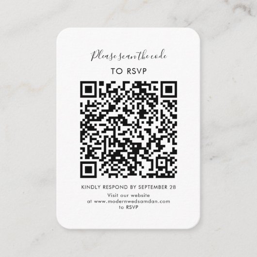 Carte D'accompagnement Script de RSVP minimaliste avec code QR (Devant)