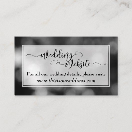 Carte D'accompagnement Script de site Web de mariage, Bokeh noir et blanc (Devant)