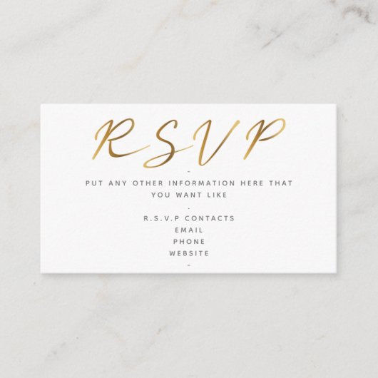 Carte D'accompagnement Script d'effet or, blanc RSVP (Devant)