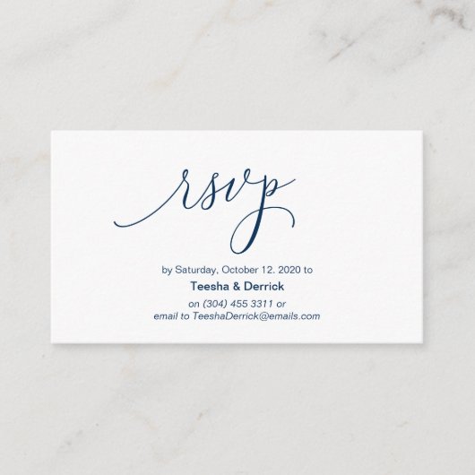 Carte D'accompagnement Script d'encre bleu marine moderne, Mariage RSVP (Devant)