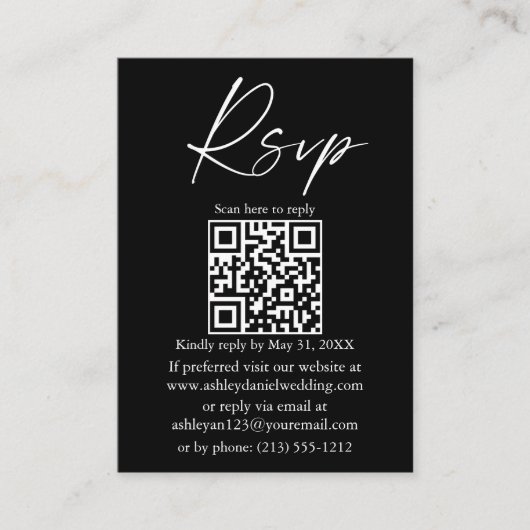 Carte D'accompagnement Script d'encre de calligraphie mariage QR noir RSV (Devant)