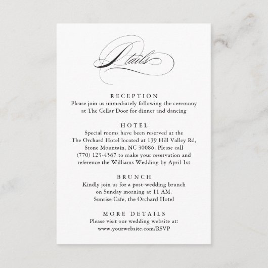 Carte D'accompagnement Script élégant moderne Classic Détails Mariage (Devant)