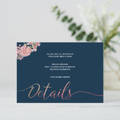 Carte D'accompagnement Script floral navy flush détails du mariage invité (Debout devant)