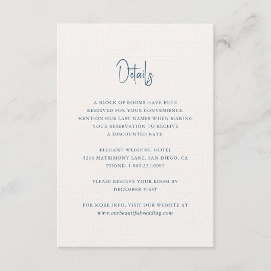 Carte D'accompagnement Script manuscrit bleu moderne Mariage élégant (Devant)