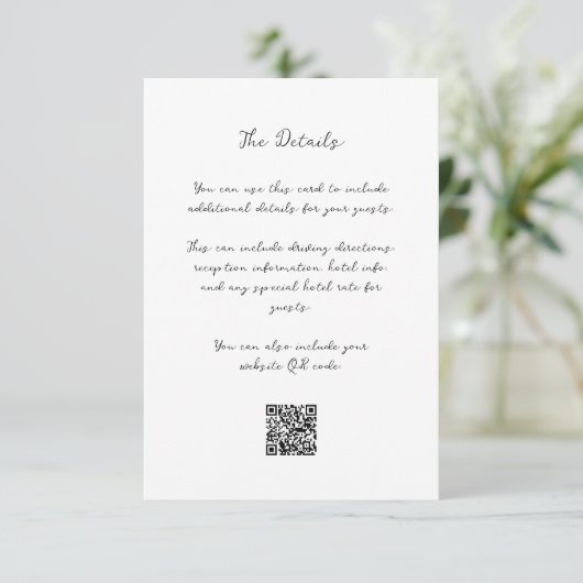 Carte D'accompagnement Script manuscrit Whimsical | Détails et code QR (Debout devant)