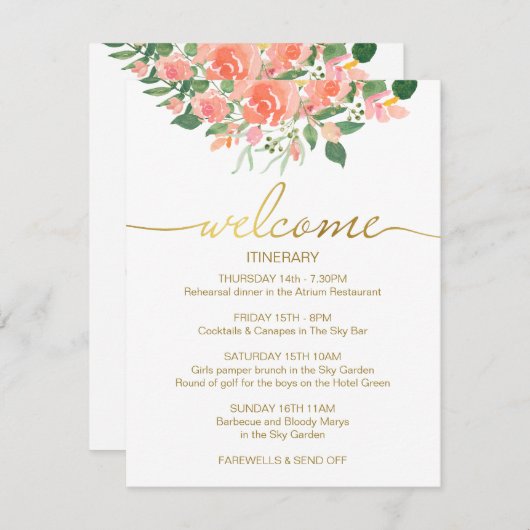 Carte D'accompagnement Script mariage Itinéraire Or Avec Roses Rose (Devant / Derrière)