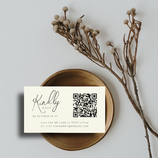 Carte D'accompagnement Script minimal élégant code QR Mariage ivoire RSVP