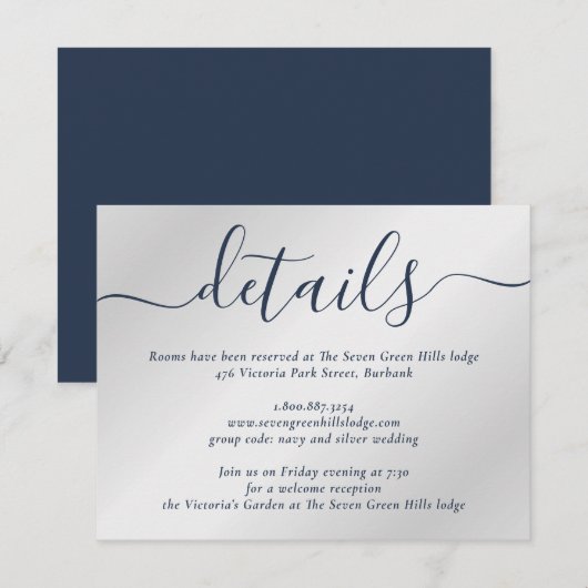 Carte D'accompagnement Script moderne bleu marine et argent (Devant / Derrière)