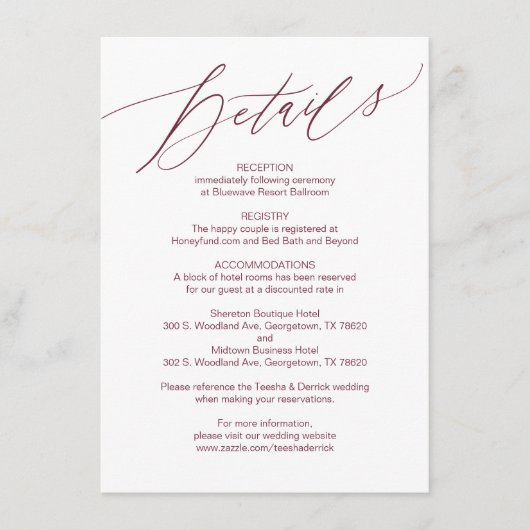 Carte D'accompagnement Script moderne, Bourgogne, fiche Mariage (Devant)