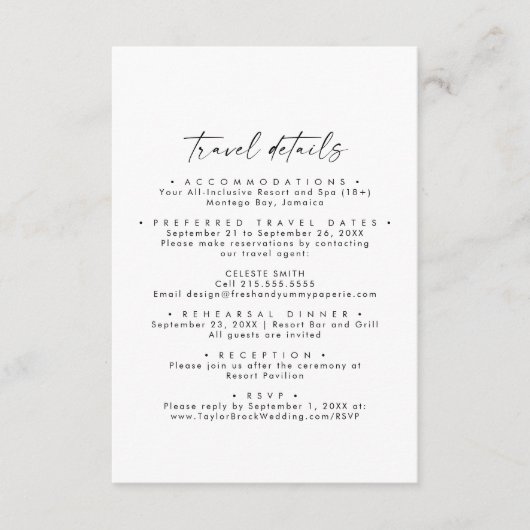 Carte D'accompagnement Script moderne Destination Mariage Détails du voya (Devant)