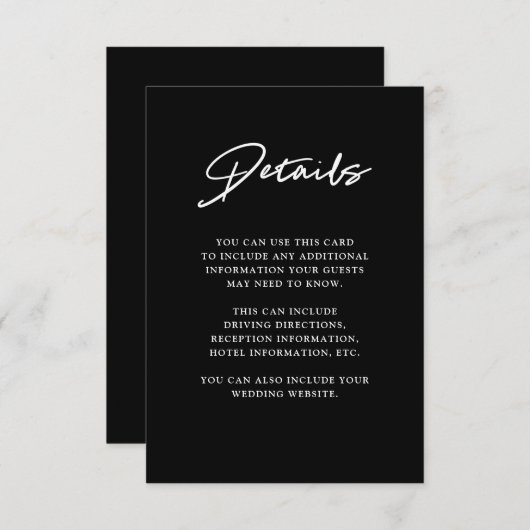 Carte D'accompagnement Script moderne | Détails du Mariage noir (Devant / Derrière)