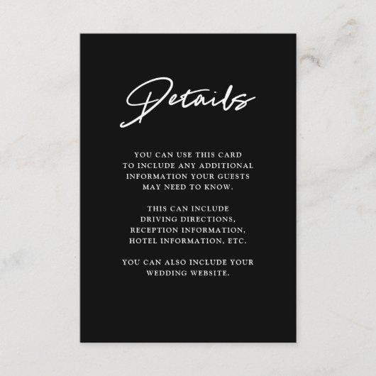 Carte D'accompagnement Script moderne | Détails du Mariage noir (Devant)