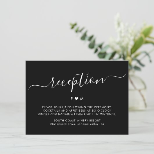 Carte D'accompagnement Script moderne Monogramme Noir Mariage Réception (Debout devant)