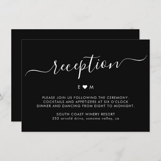 Carte D'accompagnement Script moderne Monogramme Noir Mariage Réception (Devant / Derrière)