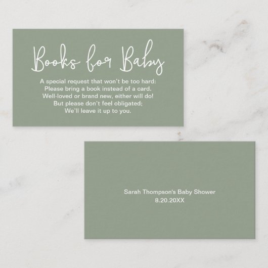 Carte D'accompagnement Script moderne Sage Baby shower vert demande de ré (Devant / Derrière)