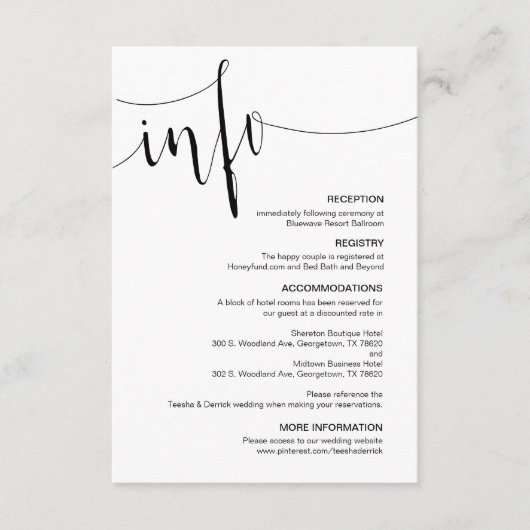 Carte D'accompagnement Script noir moderne, détails Mariages modifiables (Devant)