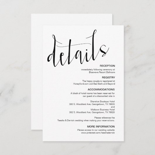 Carte D'accompagnement Script noir moderne, détails Mariages modifiables (Devant / Derrière)