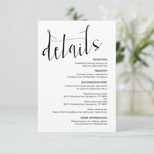 Carte D'accompagnement Script noir moderne, détails Mariages modifiables (Debout devant)