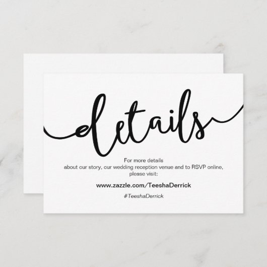 Carte D'accompagnement Script noir rustique, détails Mariage, RSVP (Devant / Derrière)