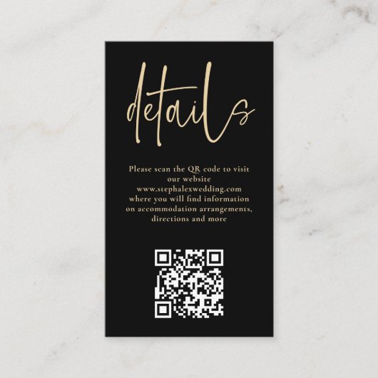 Carte D'accompagnement Script Or moderne noir QR Code Mariage Détails (Devant)