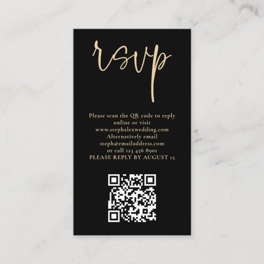 Carte D'accompagnement Script Or moderne Noir QR Code Mariage RSVP (Devant)