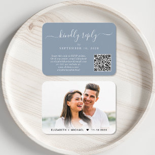 Carte D'accompagnement Script Photo QR Code Dusty Blue Wedding RSVP