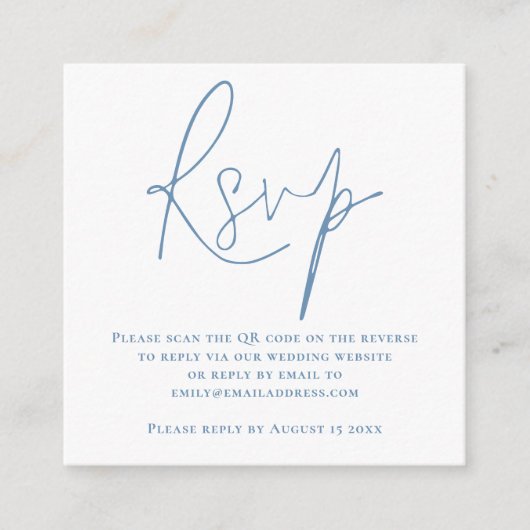 Carte D'accompagnement Script QR Code Mariage bleu blanc RSVP (Devant)