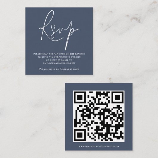 Carte D'accompagnement Script QR Code Mariage Dusty Navy Blue RSVP (Devant / Derrière)